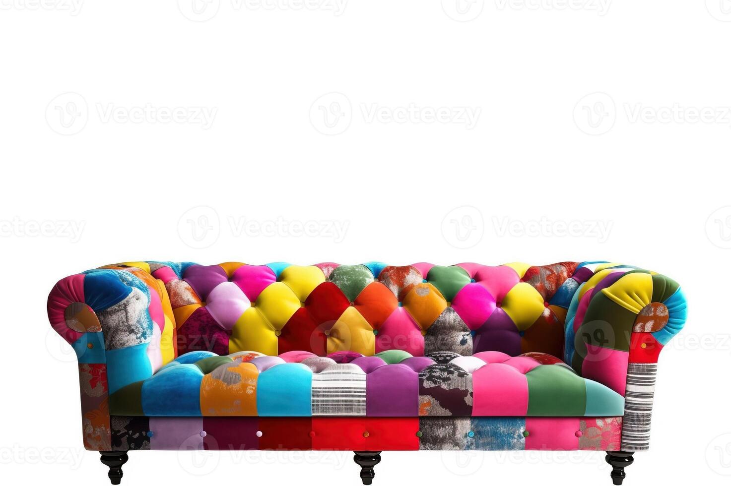 Chesterfield sofa from multi-colored fabric, patchwork, on a white background. . photo