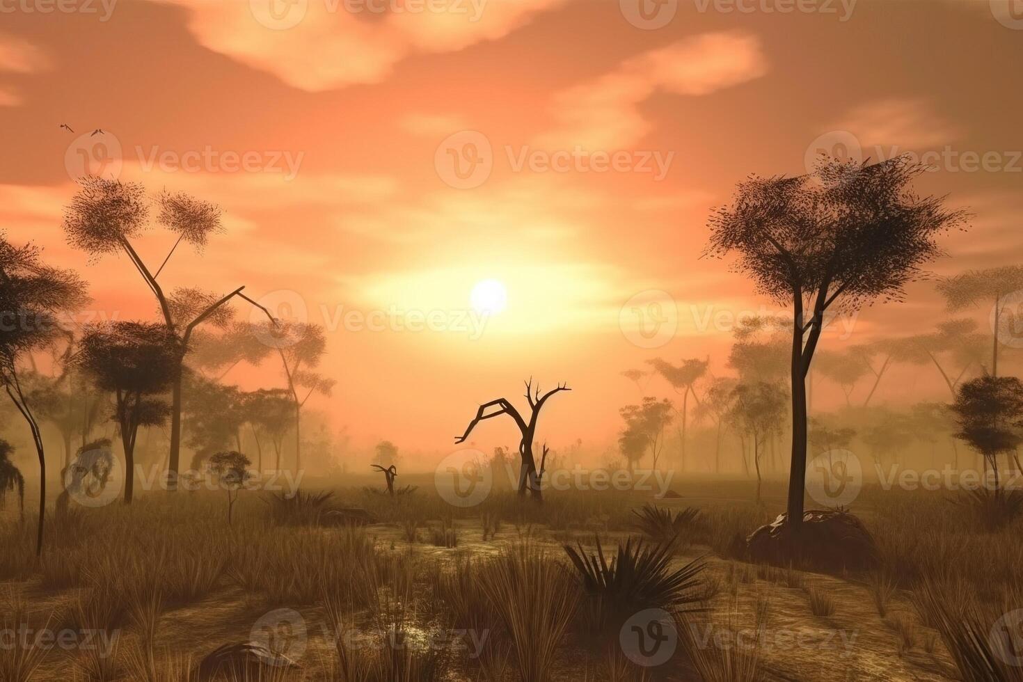 Nature in Africa day, landscape against the backdrop of the rising sun. Wild animals in the thickets. AI generated. photo