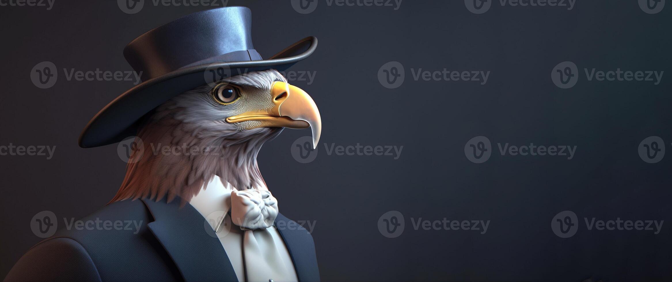 Gentleman, boss bald eagle in hat, suit and tie. Banner header. . photo
