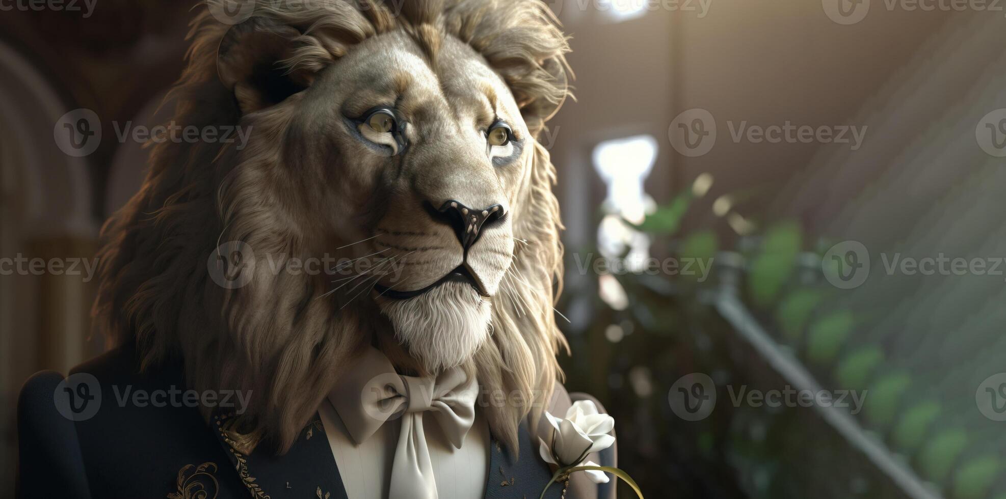 Gentleman, the boss is a formidable lion with a mane in a hat, suit and tie. Banner header. . photo