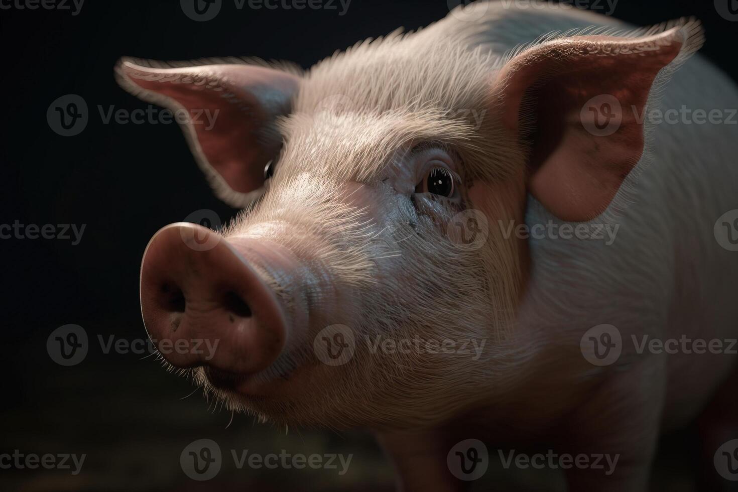 Domestic farm pig close-up on a black dark background. . photo