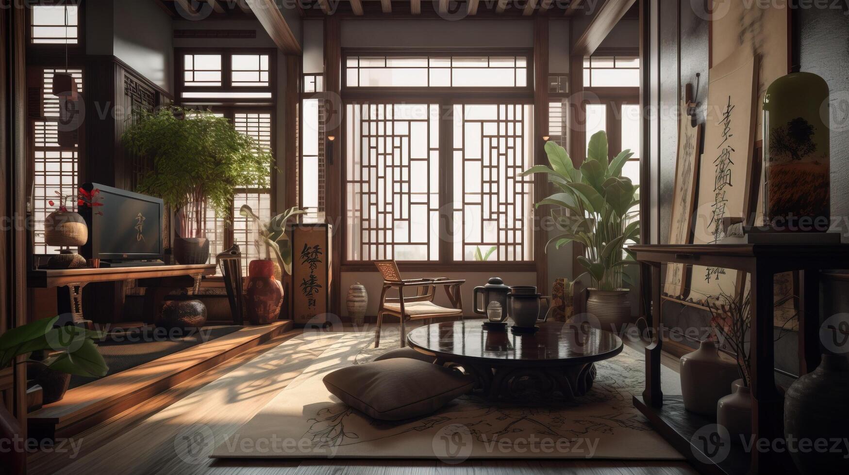 Design of a cozy living room interior in a modern feng shui style. . photo