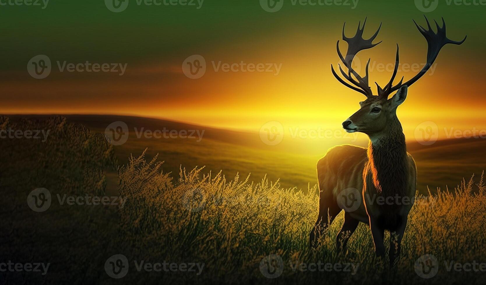 Beautiful deer on a background with a sunrise in a clearing. . photo