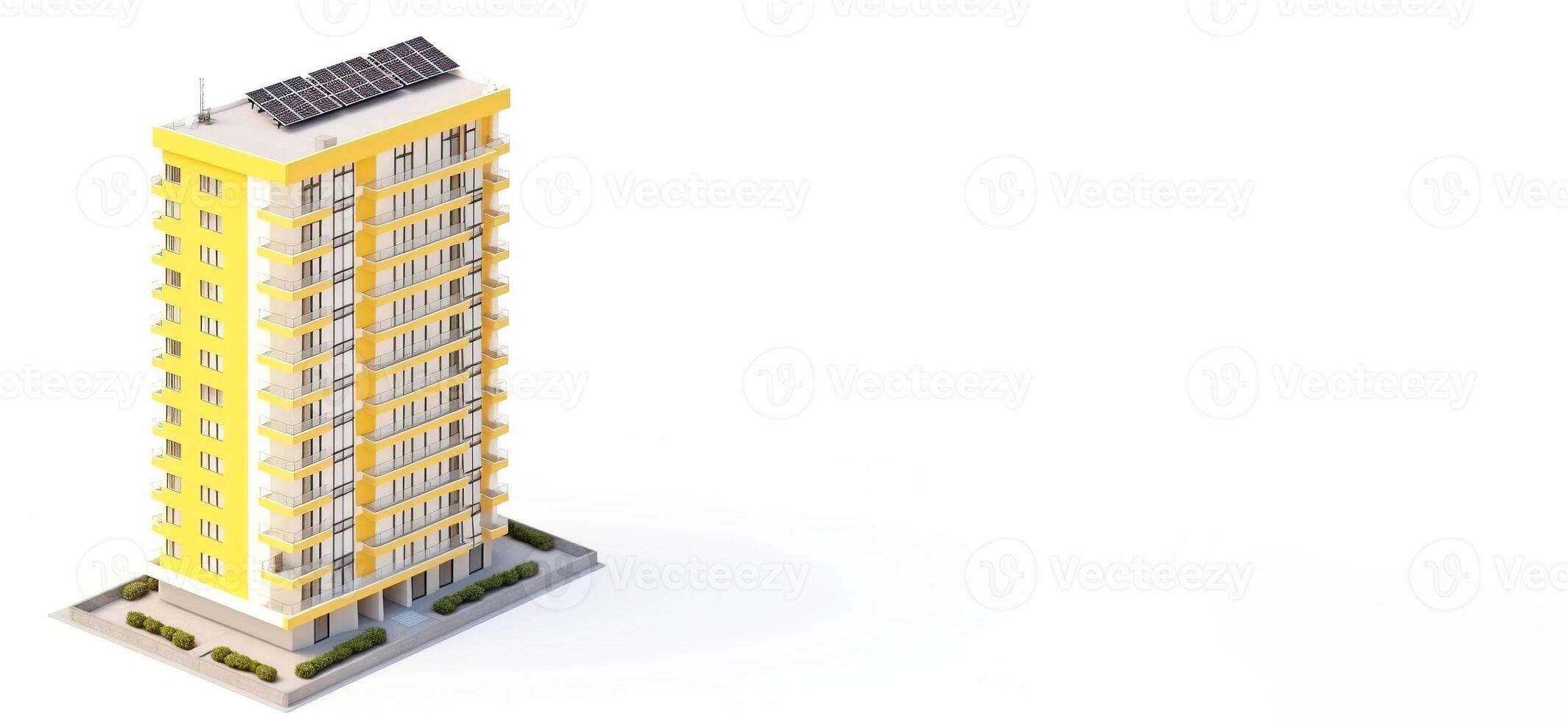 Modern high-rise yellow urban house with solar panels on the roof on a white background, isolate. . photo