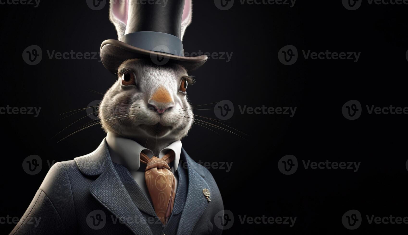 Gentleman, boss fluffy rabbit, hare in a hat, suit and tie. Banner header. . photo