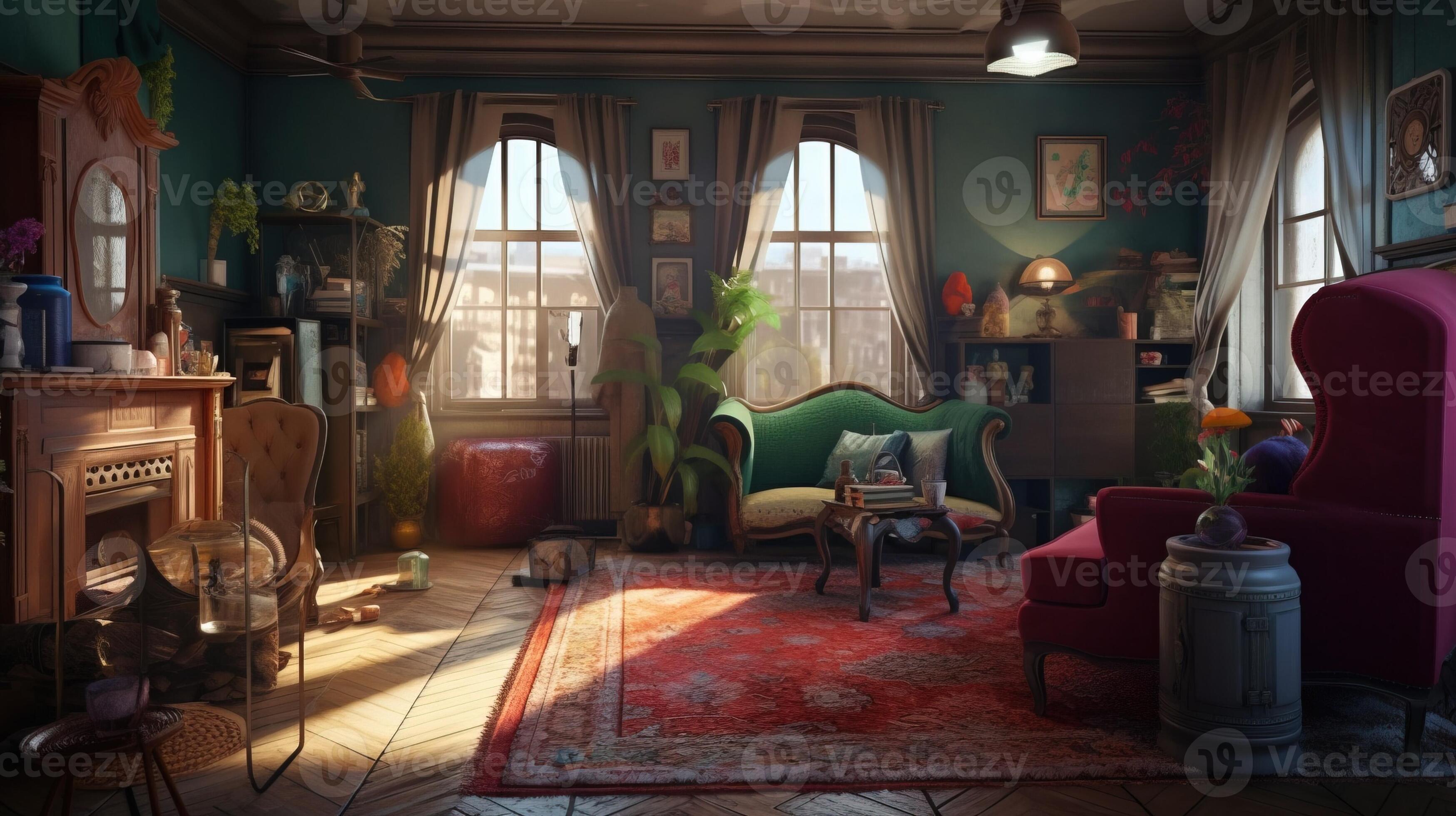 Design of a cozy living room interior in a modern kitsch style