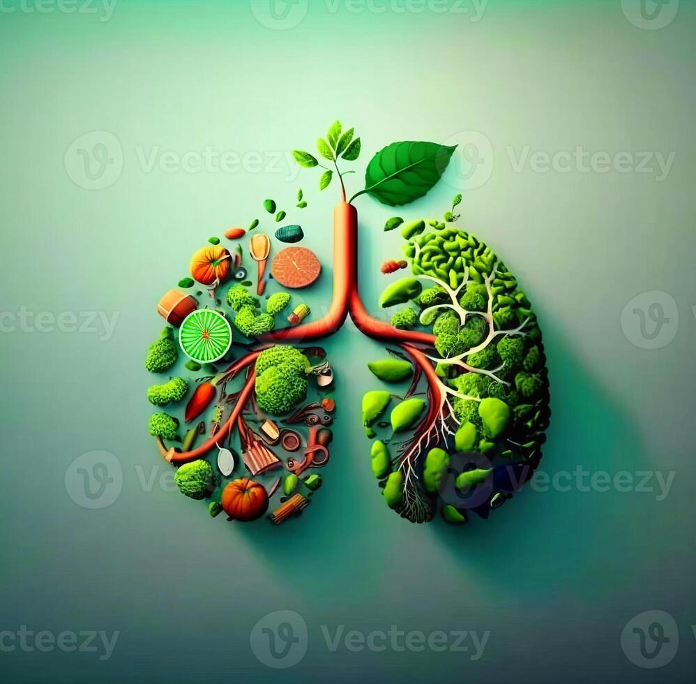 Health Day, the concept of human lungs in the form of grass and trees. . Green background. photo
