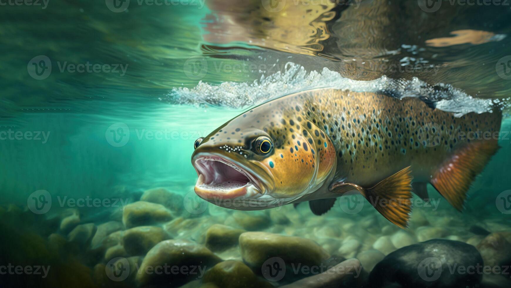 Live trout in the natural environment, in the sea background of waves and stones. . photo