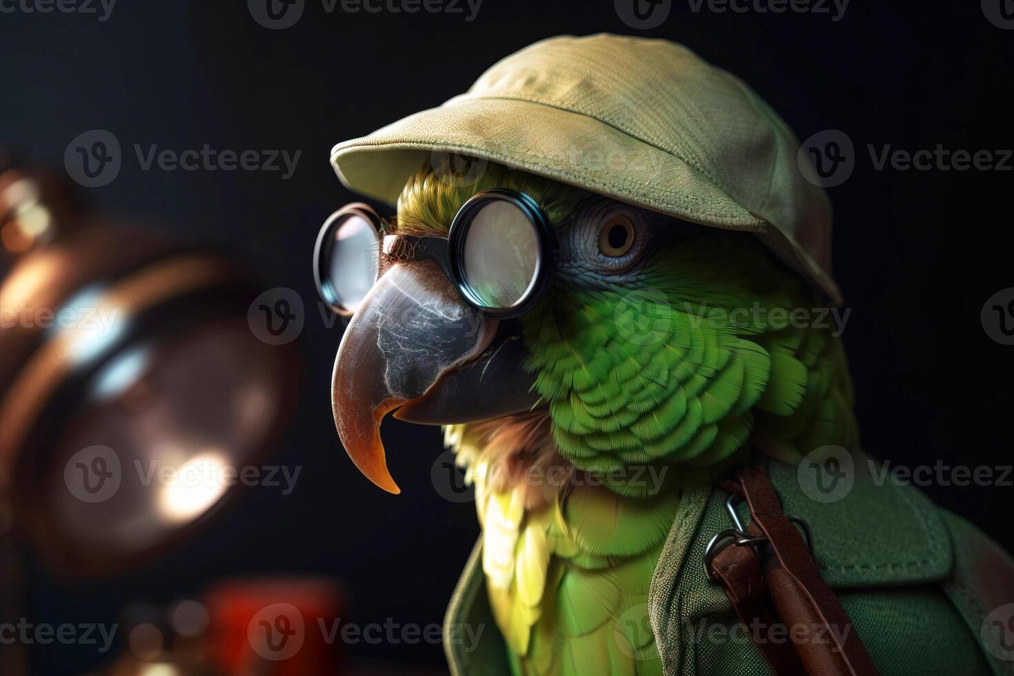 Mr green parrot gentleman in boss hat and scientist. . photo