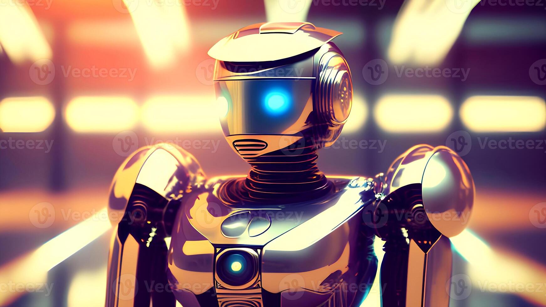 A robot with a blue face is standing in front of a stadium photo