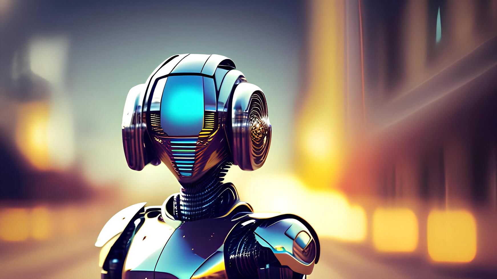 A robot with a blue face stands in front of a blurred background photo