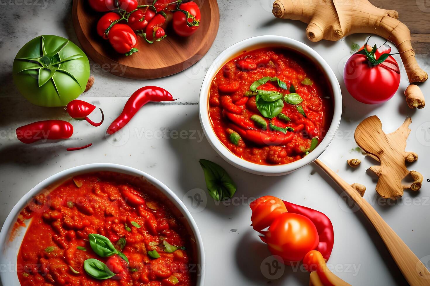 A table with bowls of tomato sauce and other ingredients including basil, garlic, and garlic. photo