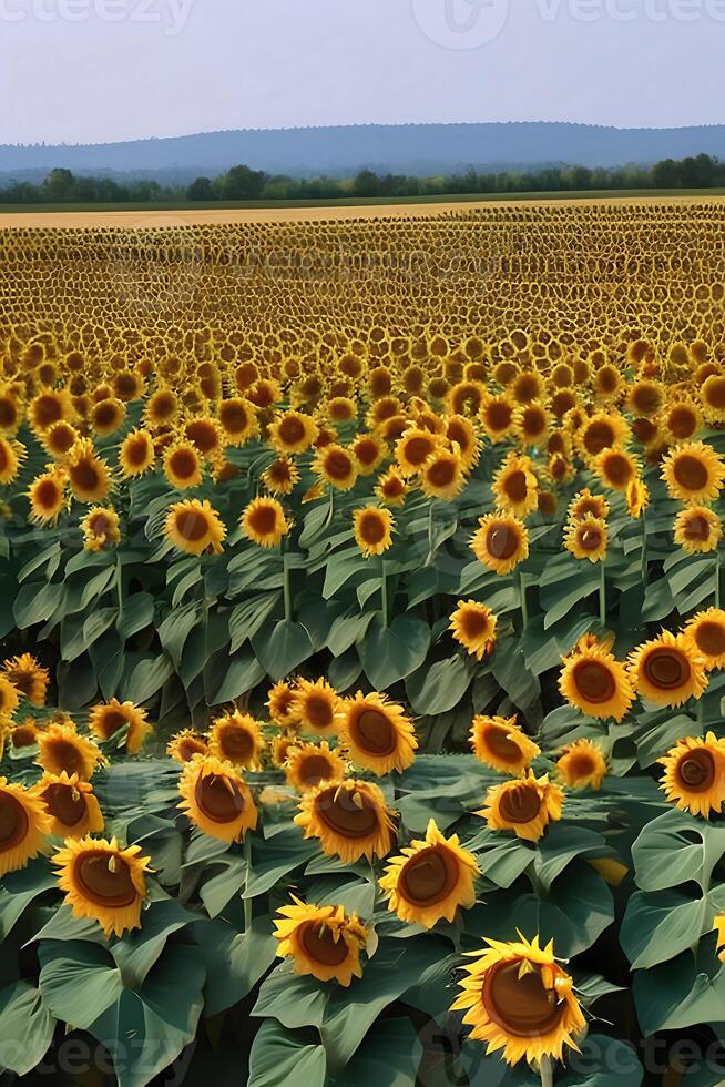 A field of sunflowers is shown with a green leaf. photo