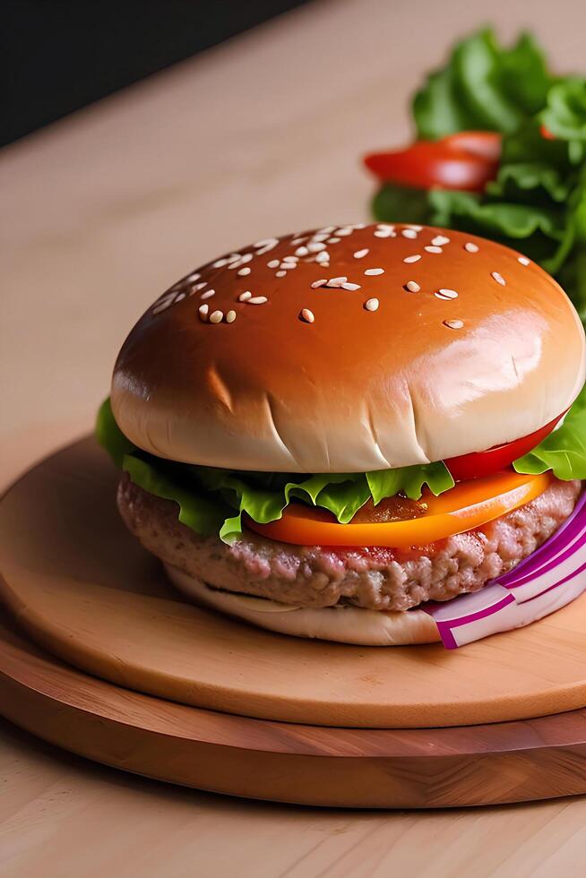 A hamburger with a tomato and lettuce photo
