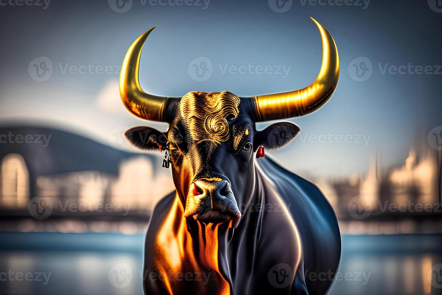 A bull with a gold horn stands in front of a cityscape. photo