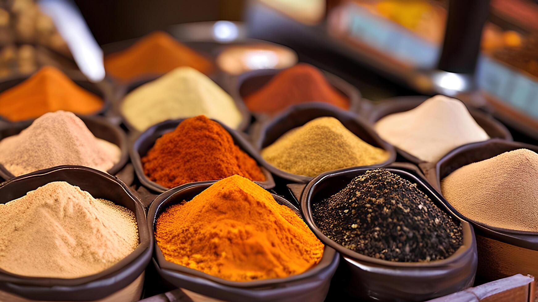 A variety of spices are displayed in small containers. photo