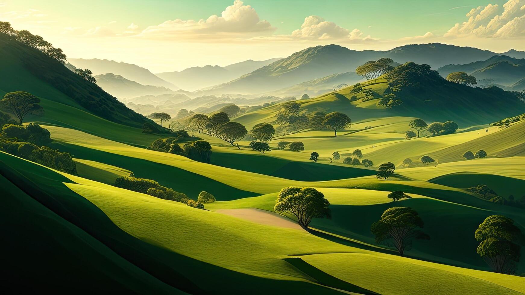 hermosa paisaje con verde colinas y azul cielo en el Mañana. ai generado foto