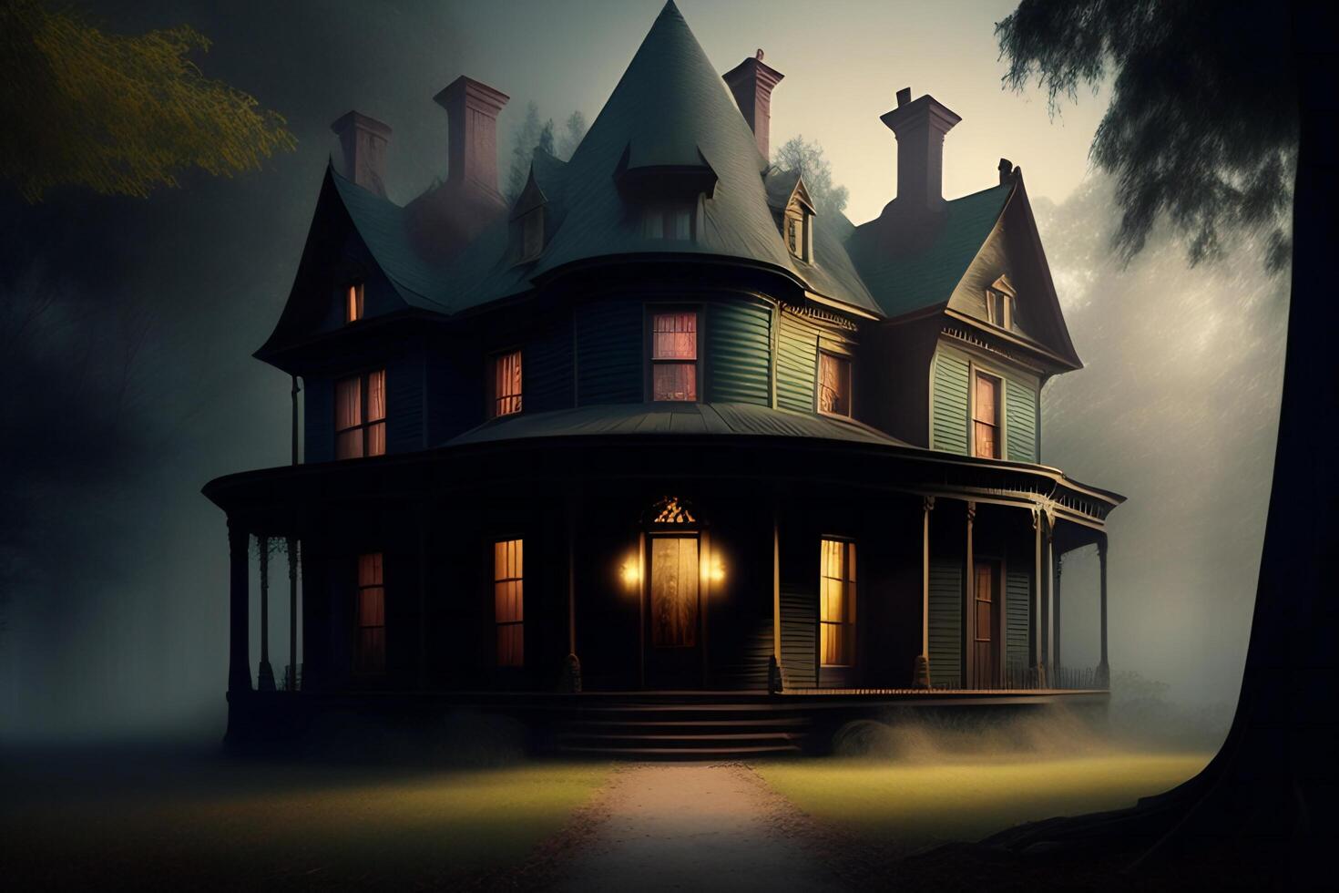 Halloween night scene with haunted house in fog. photo