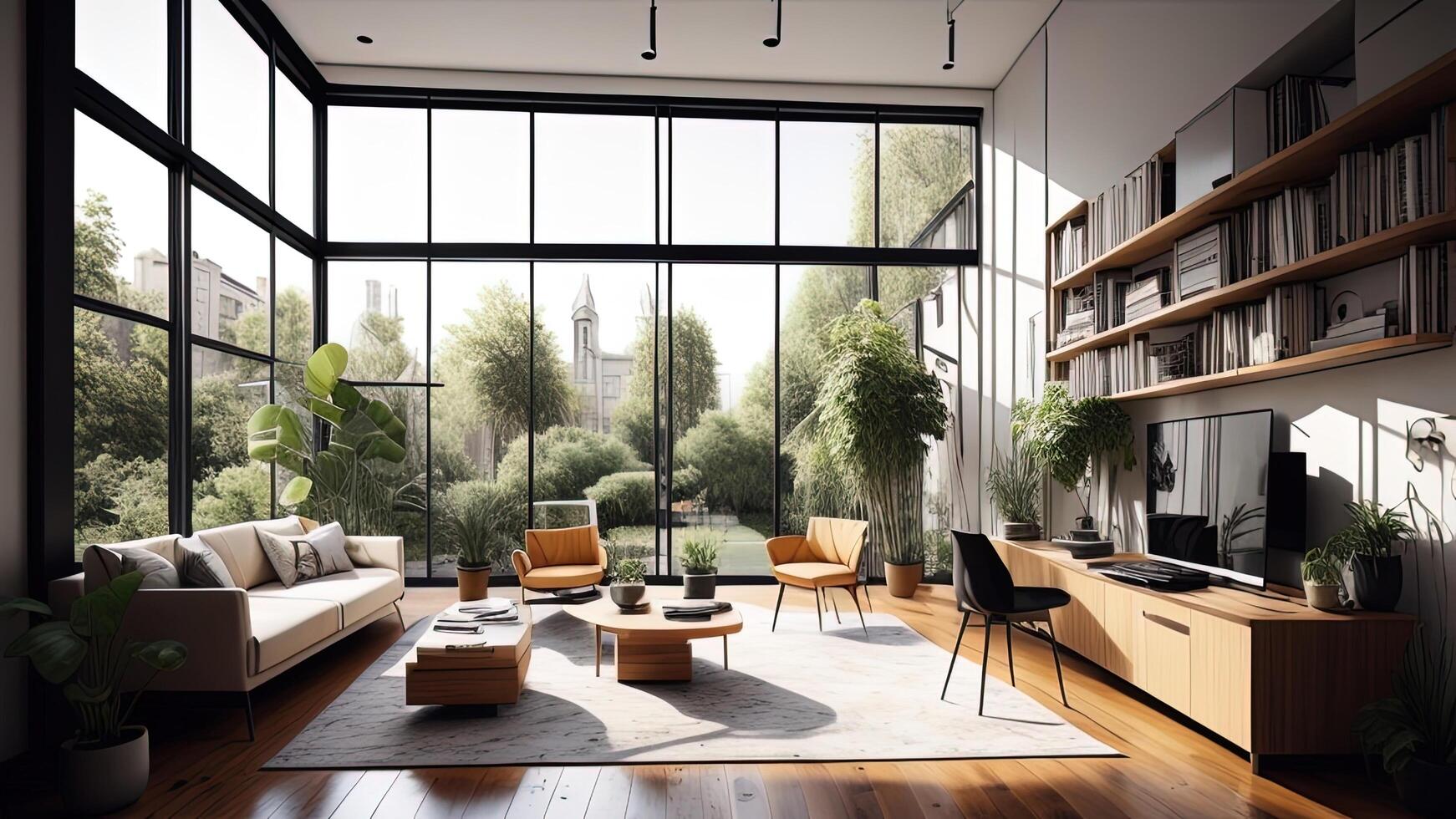 Interior of modern living room with panoramic window, furniture and city view. photo