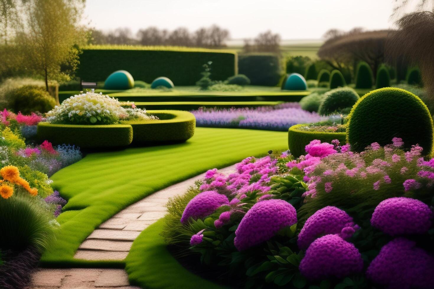 Beautiful ornamental garden with blooming flowers and green grass. photo