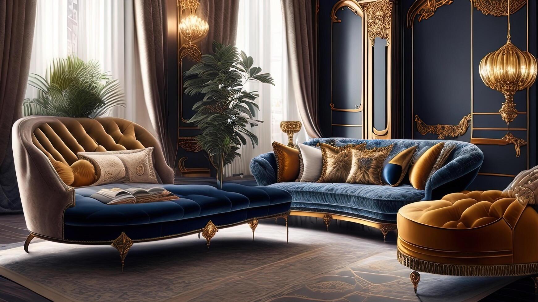 Luxury royal bedroom interior with golden walls, luxurious gold furniture and drapery. photo