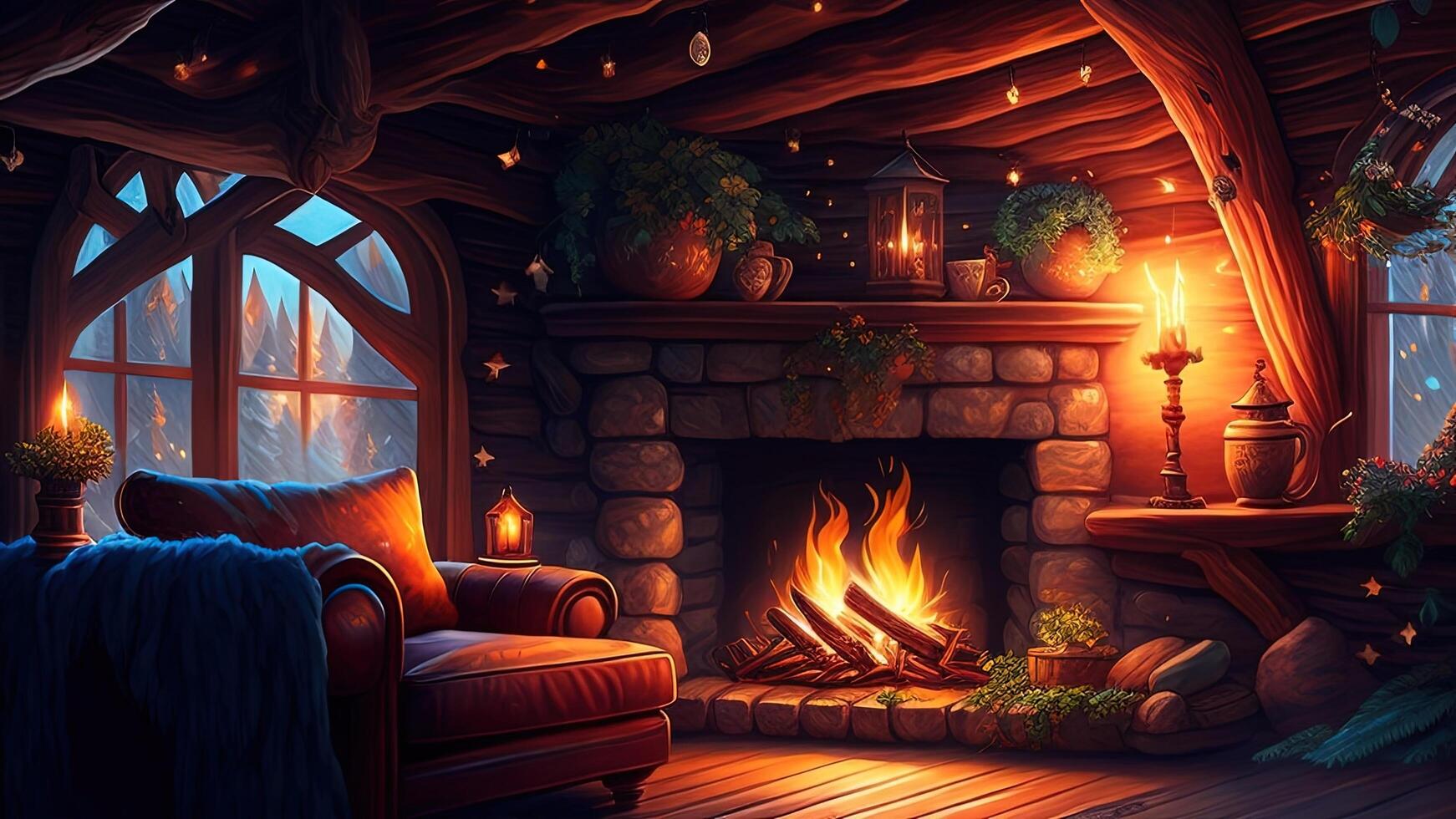 Interior of a wooden house with fireplace. photo