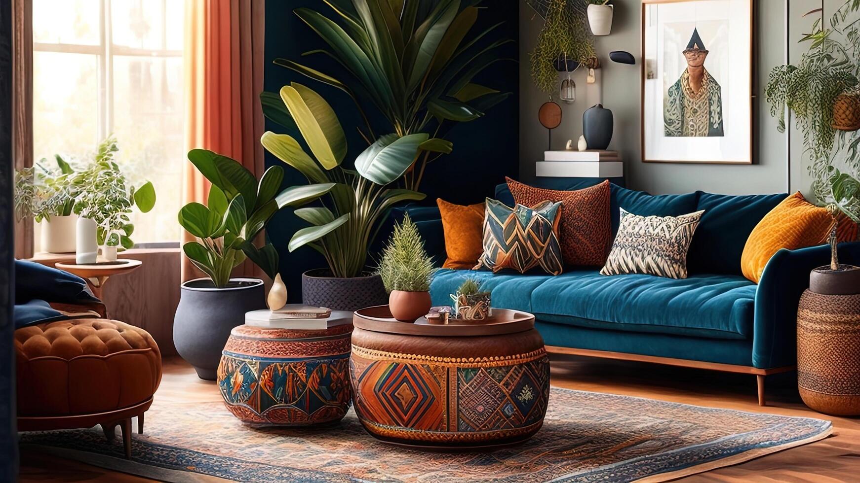 Interior of modern living room with blue sofa, plants and decoration. photo