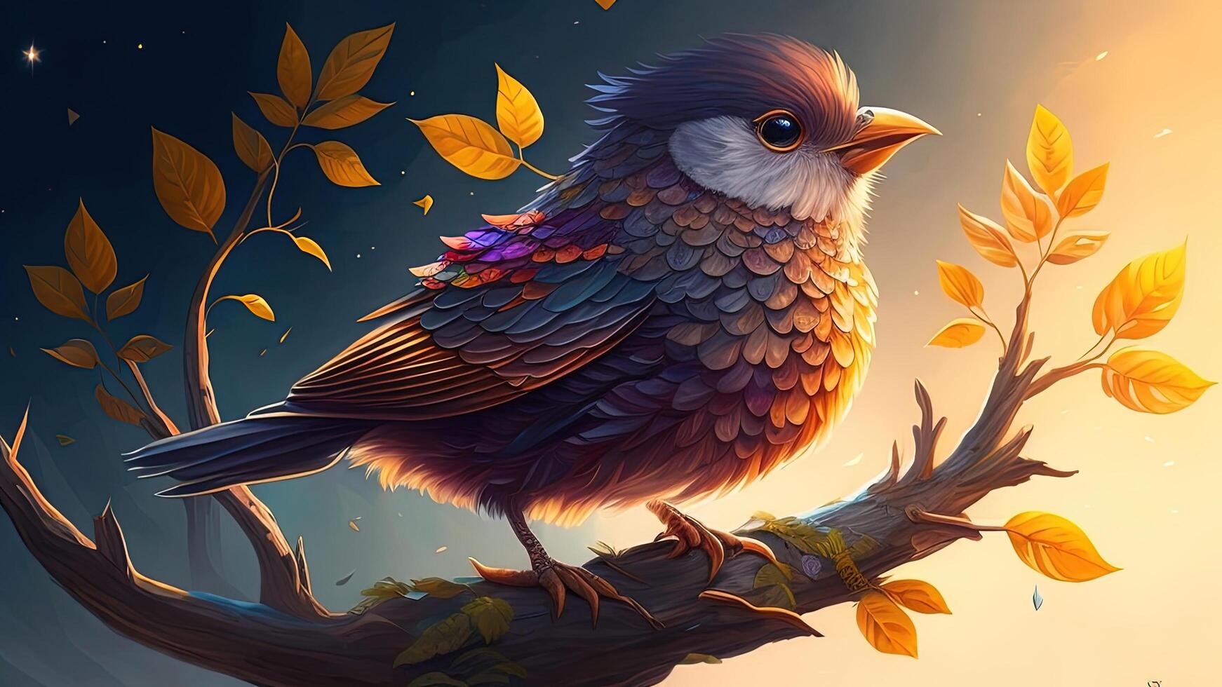 Illustration of a bird sitting on a tree branch with autumn leaves. photo