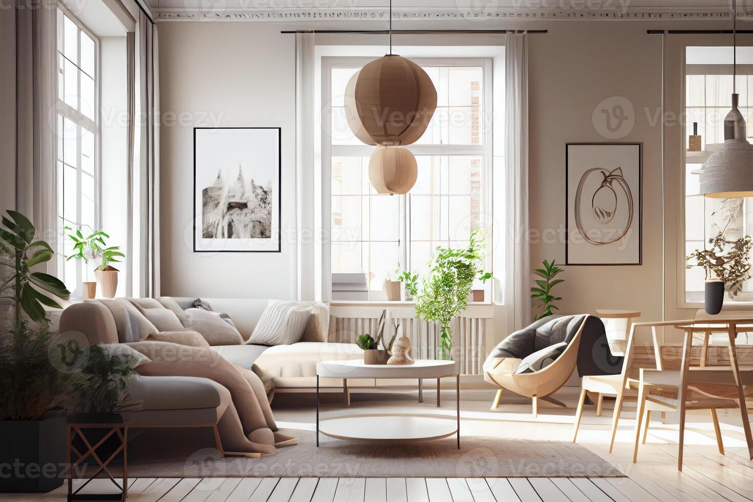 moderno interior japandi estilo diseño sala de estar. Encendiendo y soleado escandinavo Departamento con yeso y madera . ai generado foto
