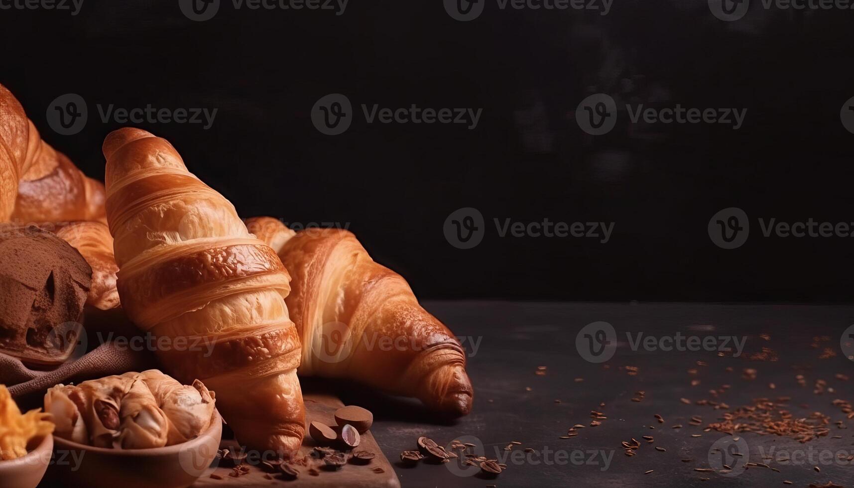 Croissants and bread frame with copy space. photo