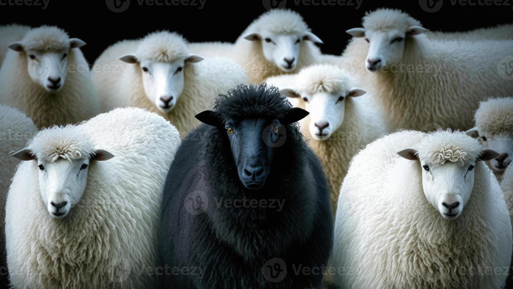 A black sheep surround with normal white sheep metaphor to be outstanding or unique. photo