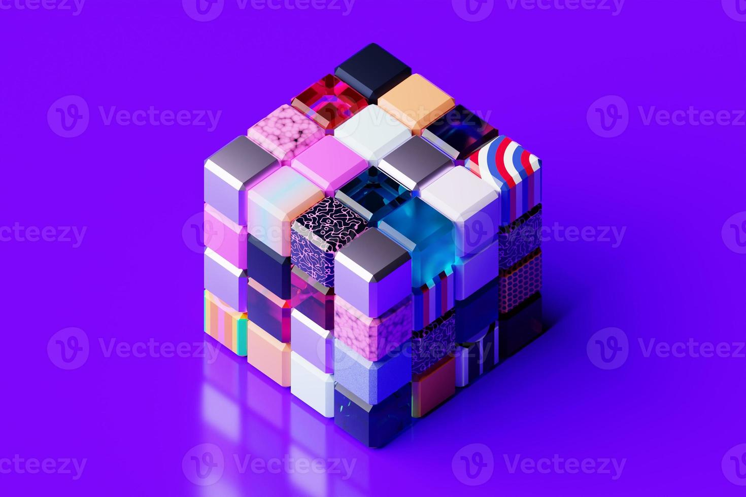 3D illustration of a multicolored cube from many geometric objects of different textures and colors on a purple  background photo