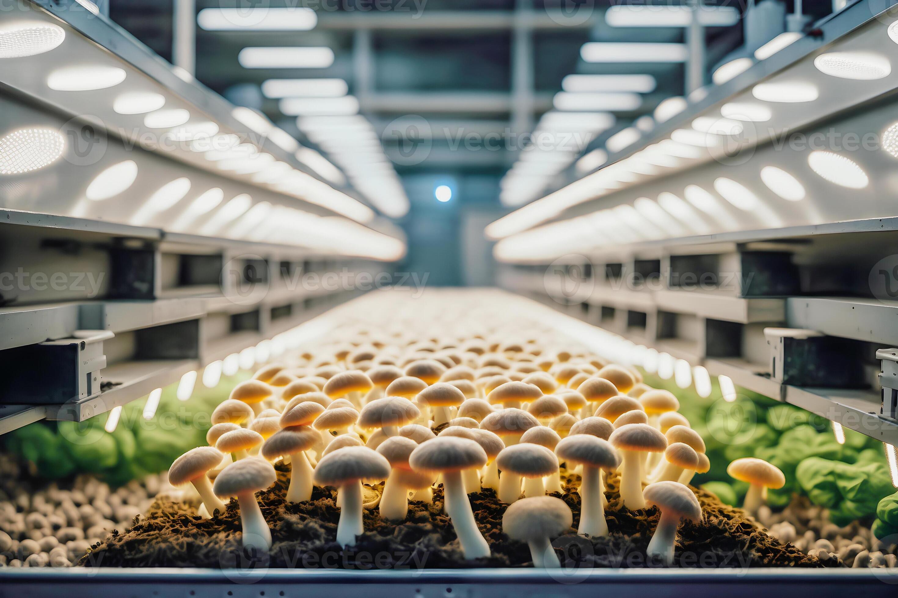 Organic mushrooms growing on modern mushroom farm with smart