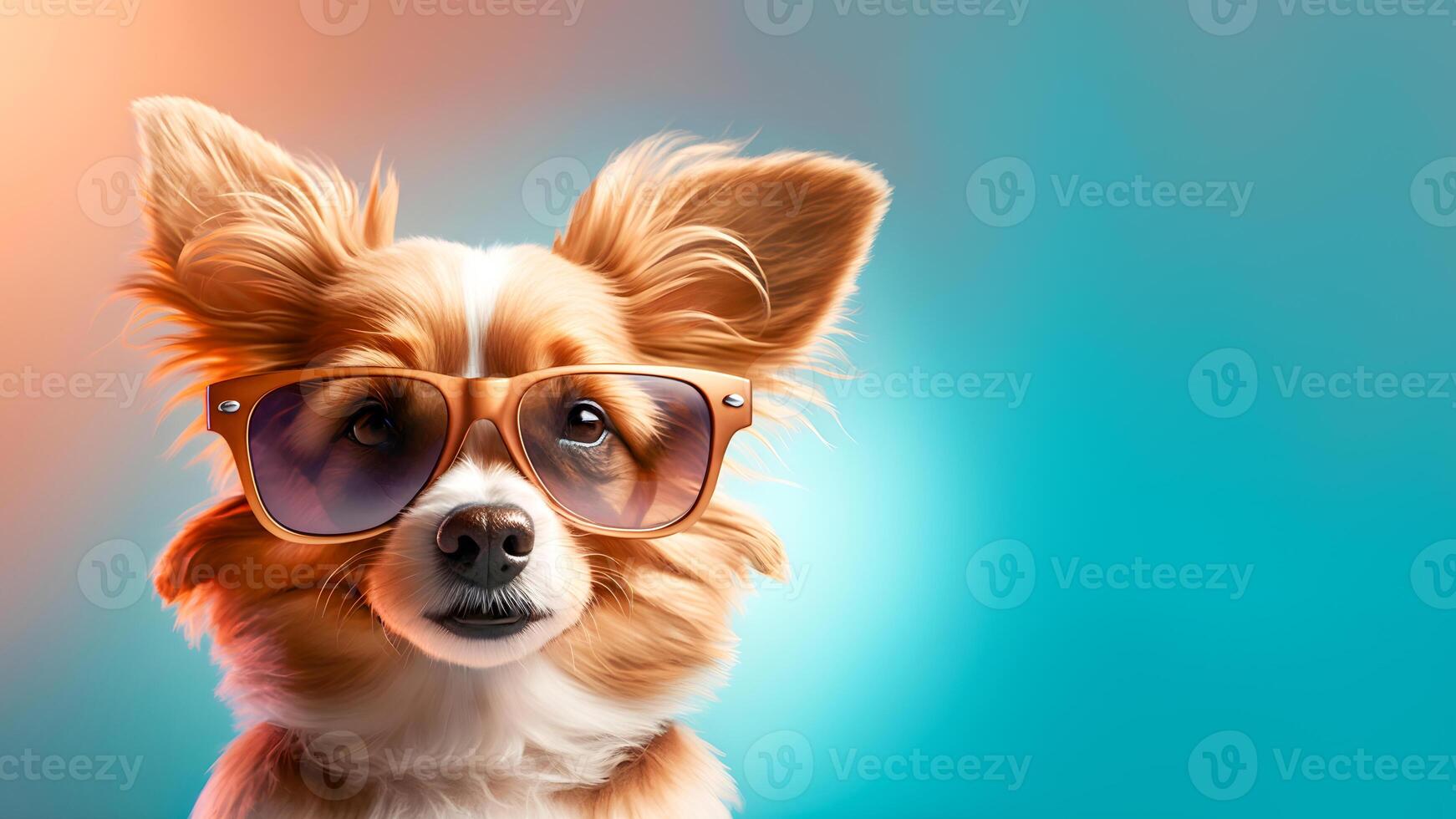 Beautiful cute dog puppy is wearing sunglasses on gradient background with copy space. Concept of summer vacations, sea resort, holidays. Advertisement of sunglasses. photo
