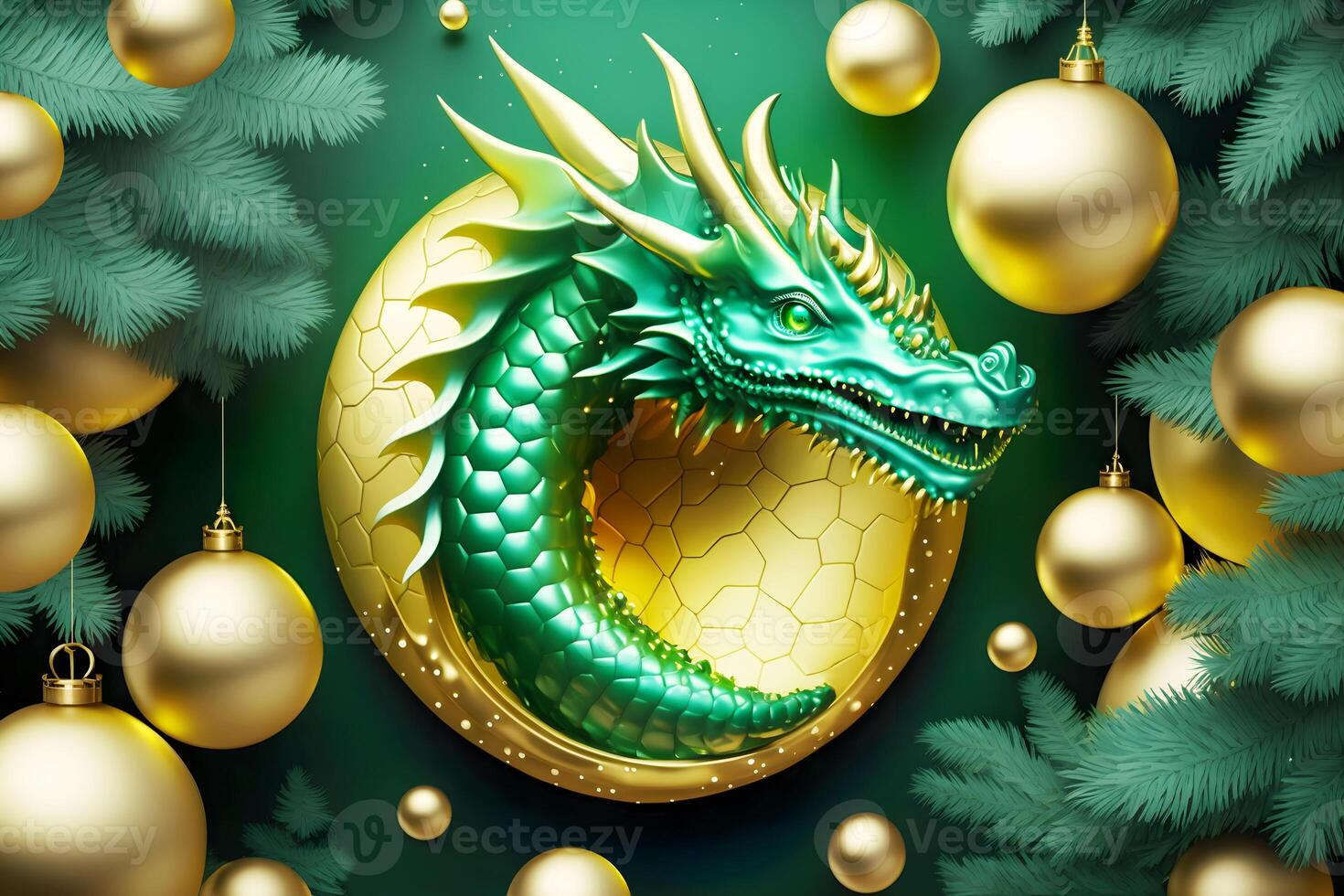 Holiday New Year poster with symbol of traditional Asian dragon with fir boughs and gold new year balls on green background. 2024 Chinese New Year zodiac sign of dragon. photo