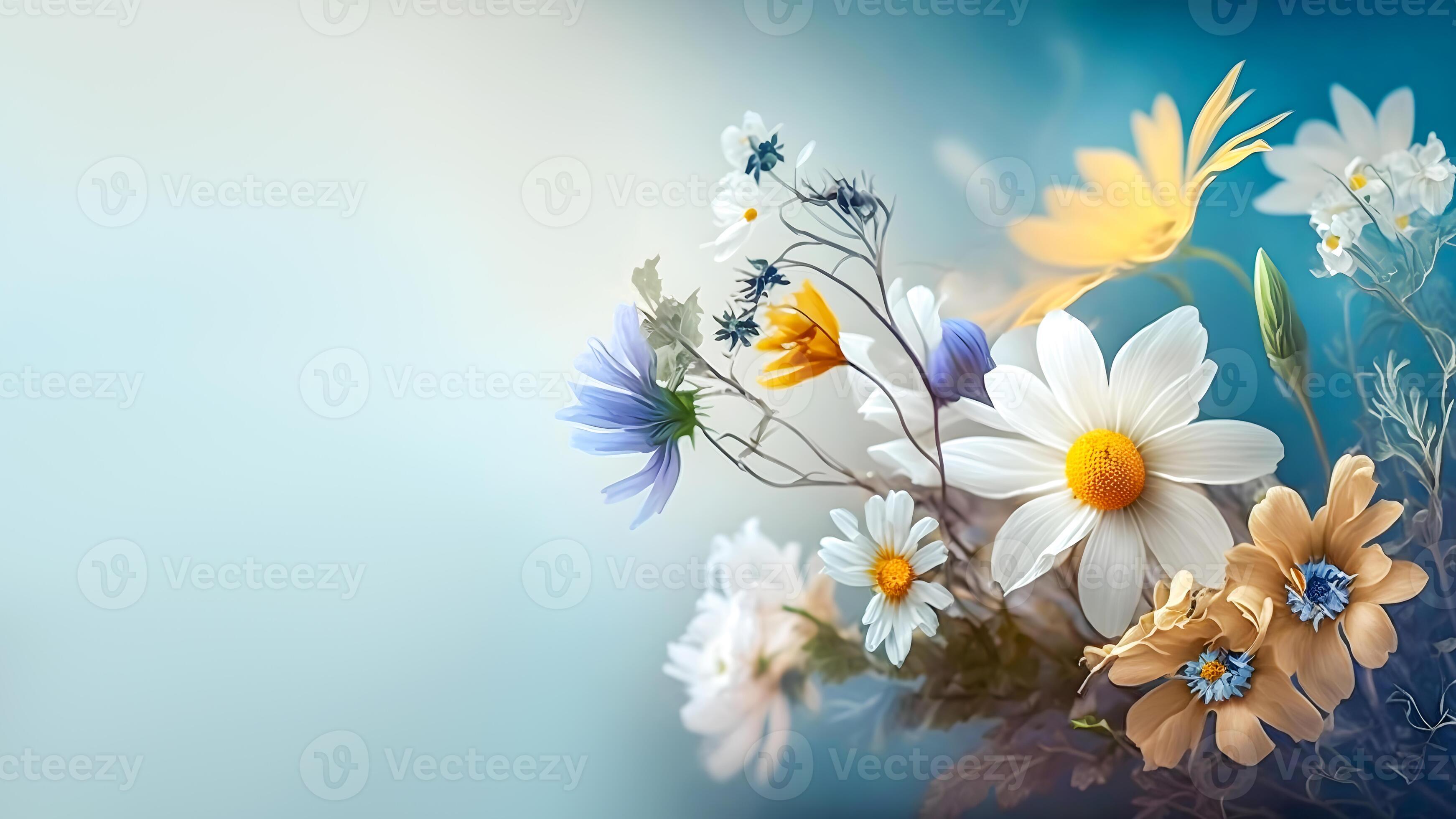 Bouquet of meadow flowers on blue gradient background with copy space