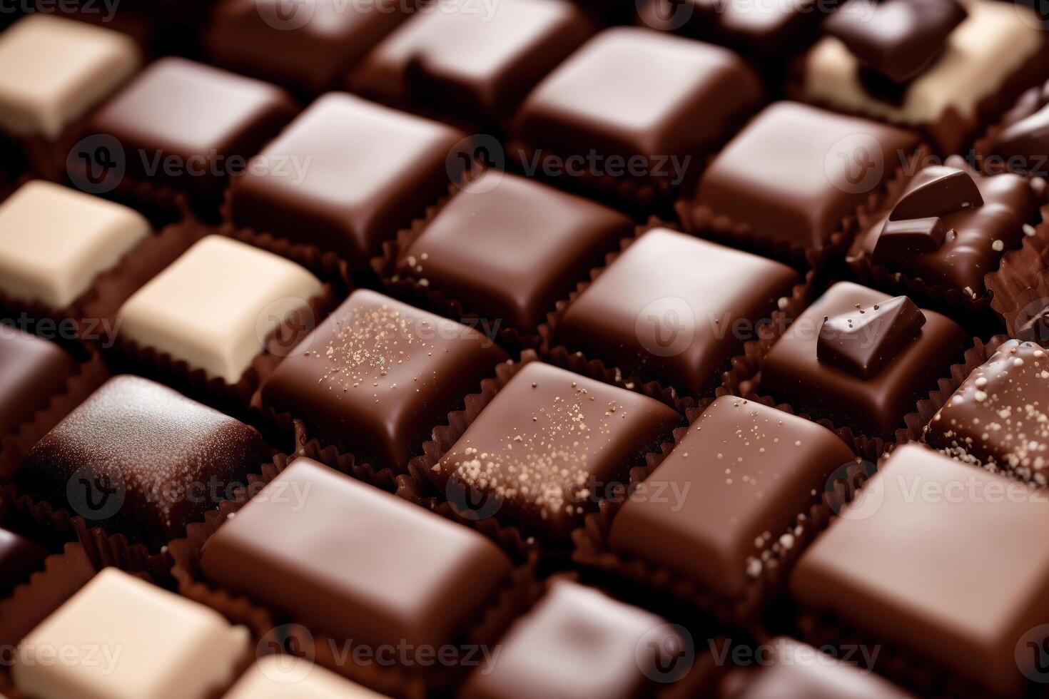 An assortment of chocolate, candy, bars and chocolate pieces on a wooden background, sweet food. Chocolate cake. photo