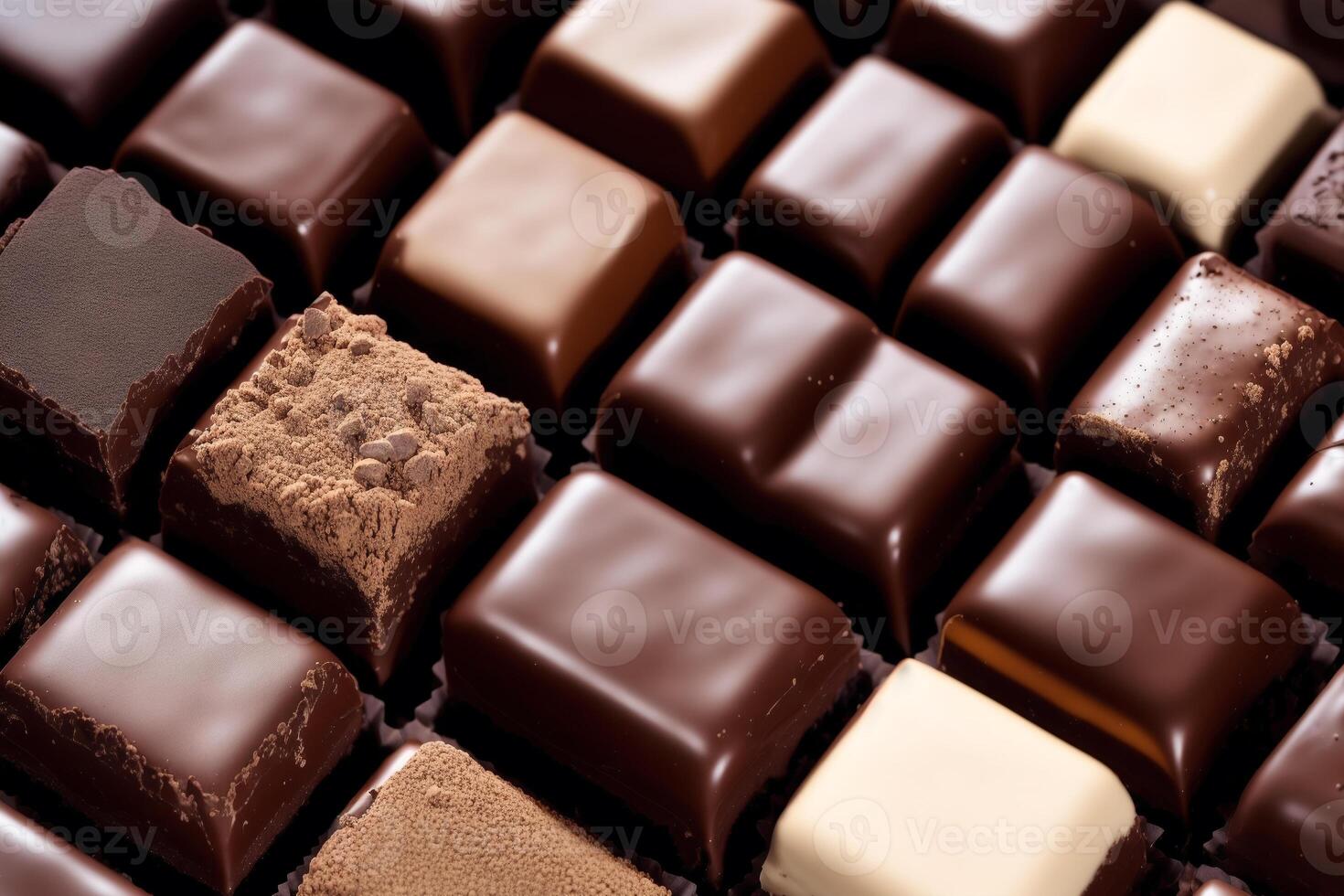 An assortment of chocolate, candy, bars and chocolate pieces on a wooden background, sweet food. Chocolate cake. photo