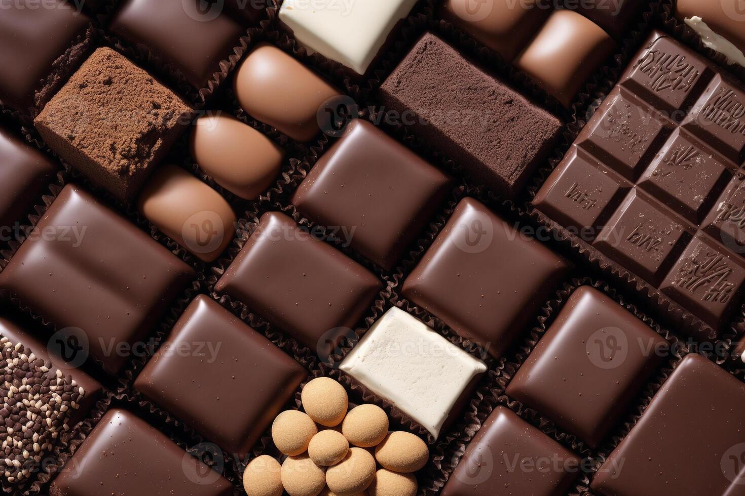 An assortment of chocolate, candy, bars and chocolate pieces on a wooden background, sweet food. Chocolate cake. photo