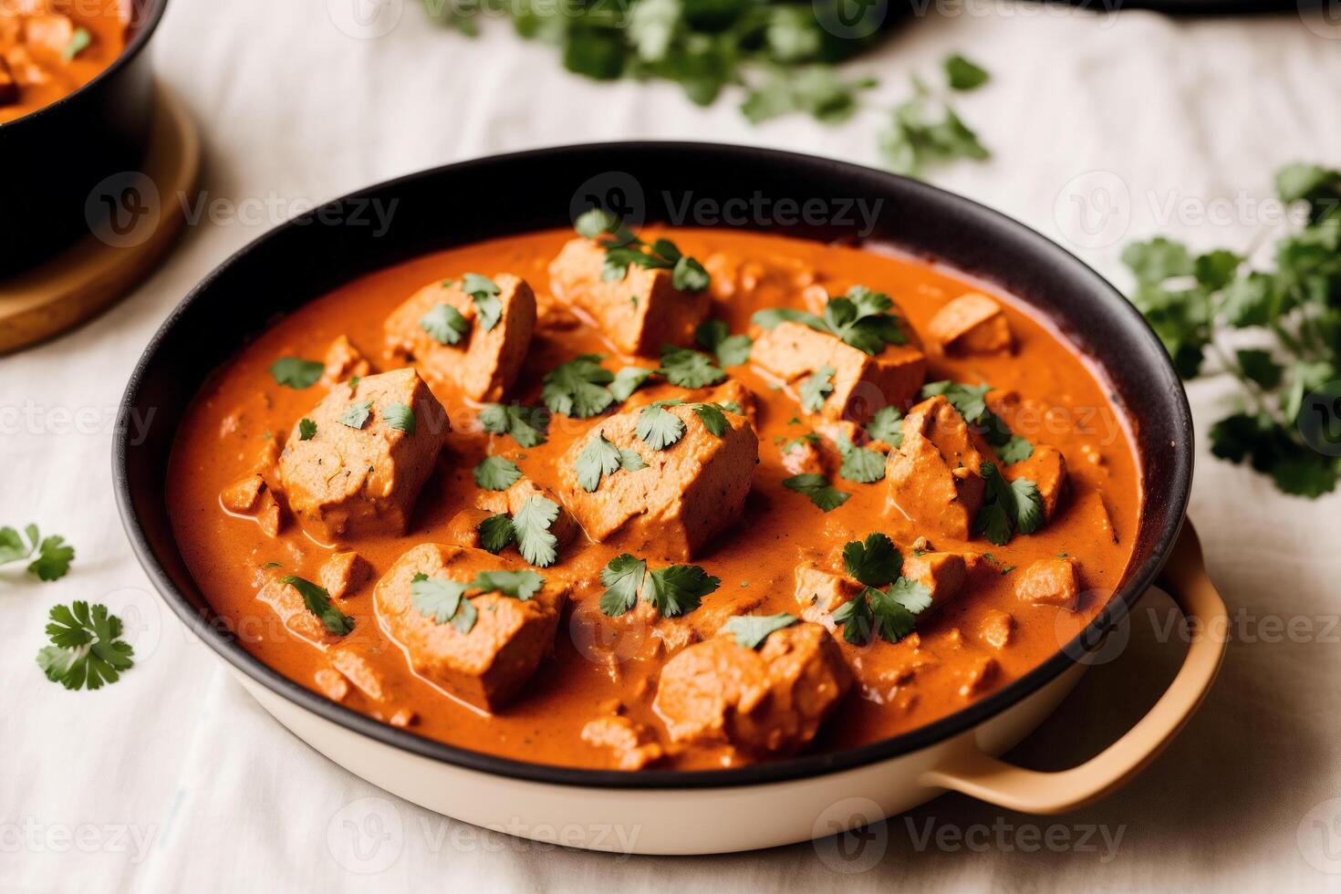 Curry with chicken and vegetables in a bowl on a wooden table. Gumbo. Vegetable soup. Seafood soup photo
