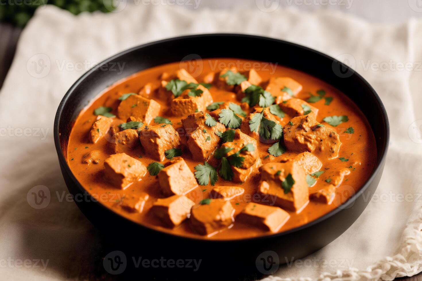 Curry with chicken and vegetables in a bowl on a wooden table. Gumbo. Vegetable soup. Seafood soup photo