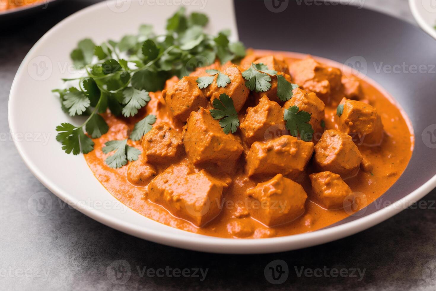 Curry with chicken and vegetables in a bowl on a wooden table. Gumbo. Vegetable soup. Seafood soup photo