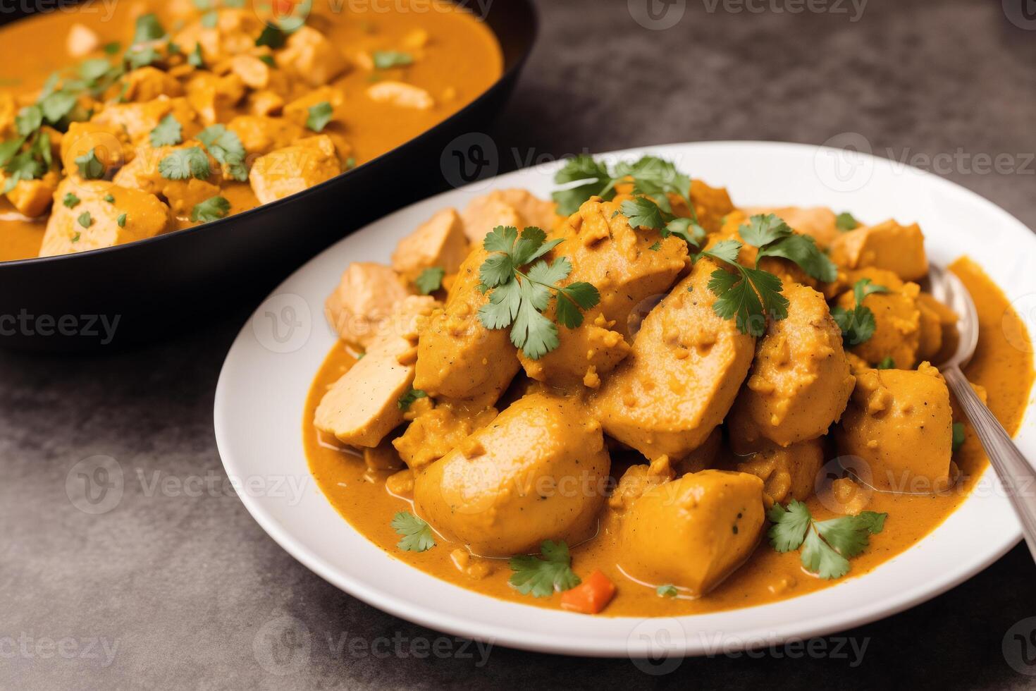 Curry with chicken and vegetables in a bowl on a wooden table. Gumbo. Vegetable soup. Seafood soup photo