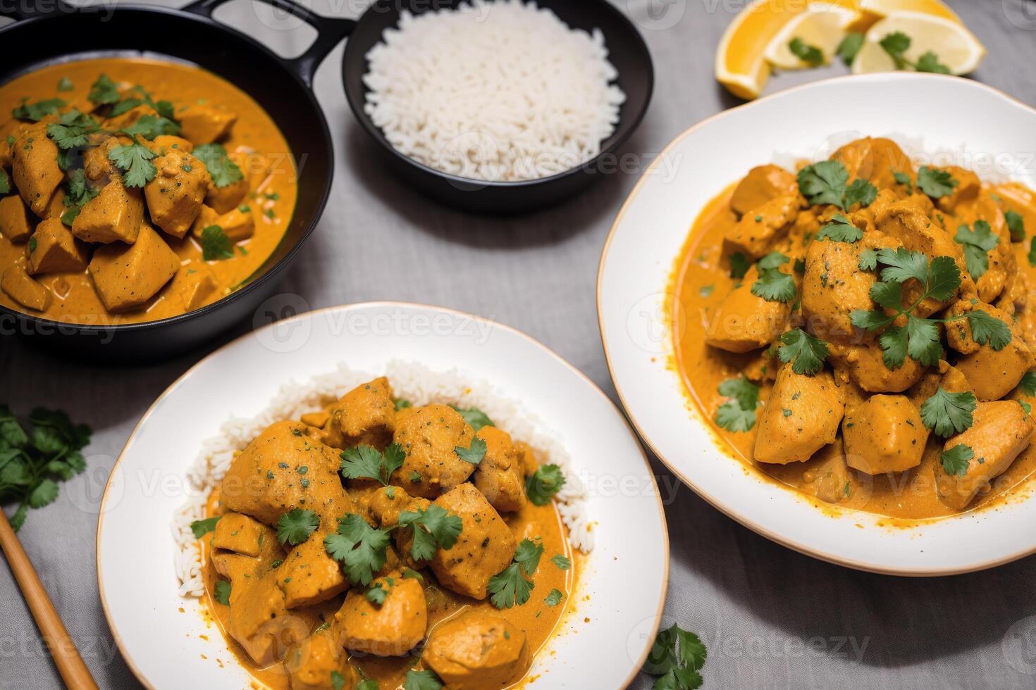 Curry with chicken and vegetables in a bowl on a wooden table. Gumbo. Vegetable soup. Seafood soup photo