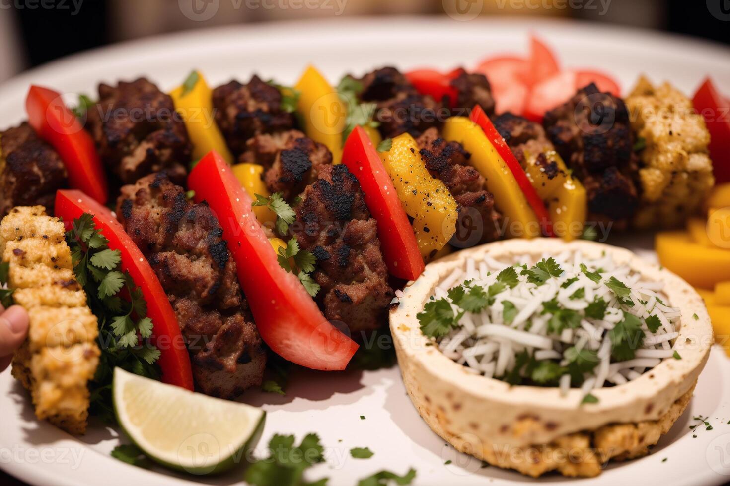 A plate with doner kebab on a wooden table. shish kabob, meat sticks. photo