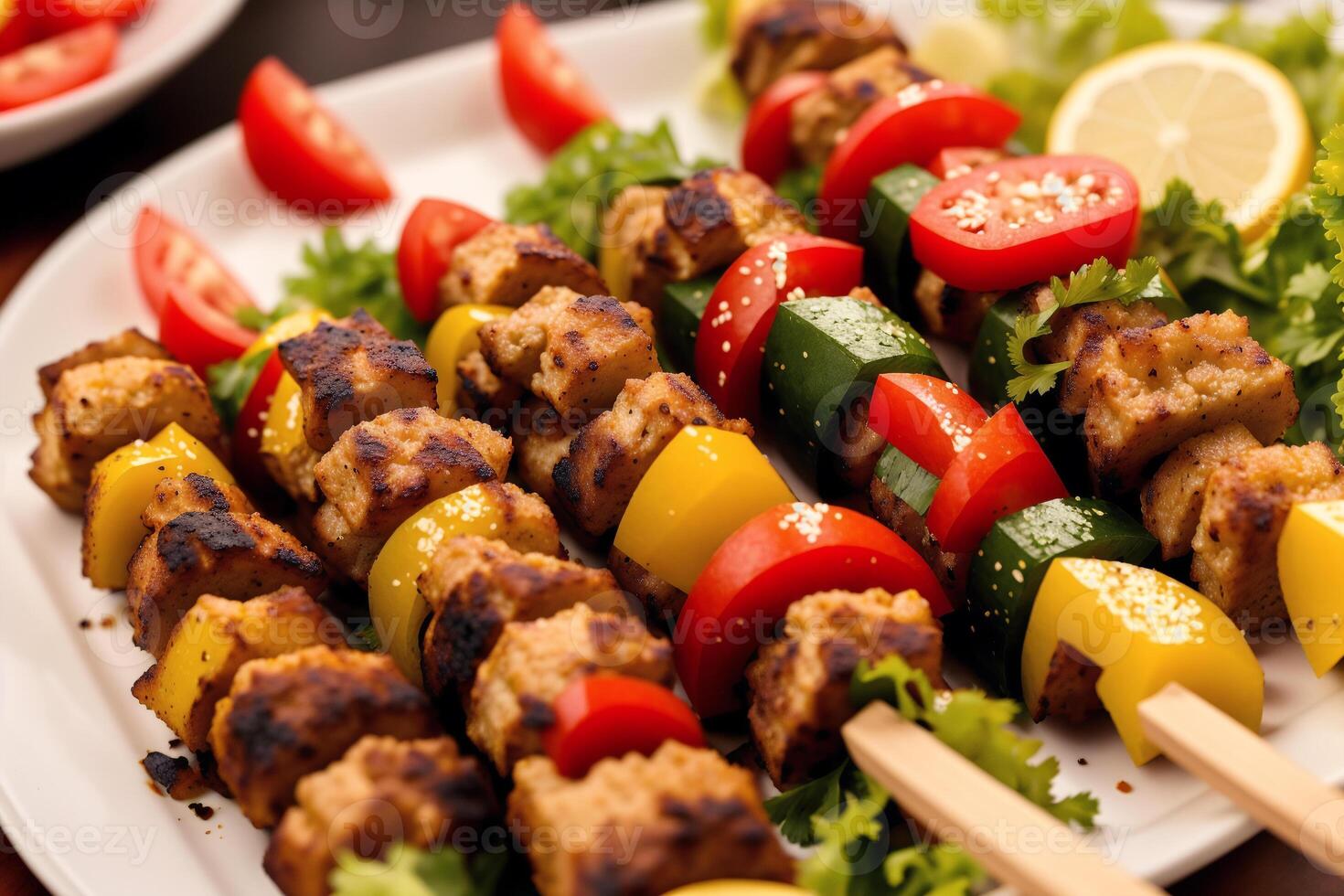 A plate with doner kebab on a wooden table. shish kabob, meat sticks. photo