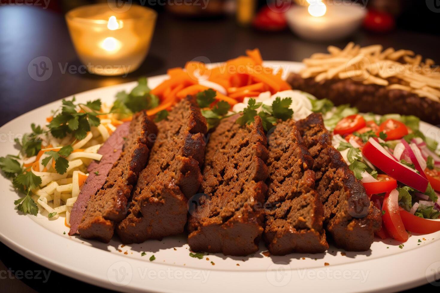 A plate with doner kebab on a wooden table. shish kabob, meat sticks. photo