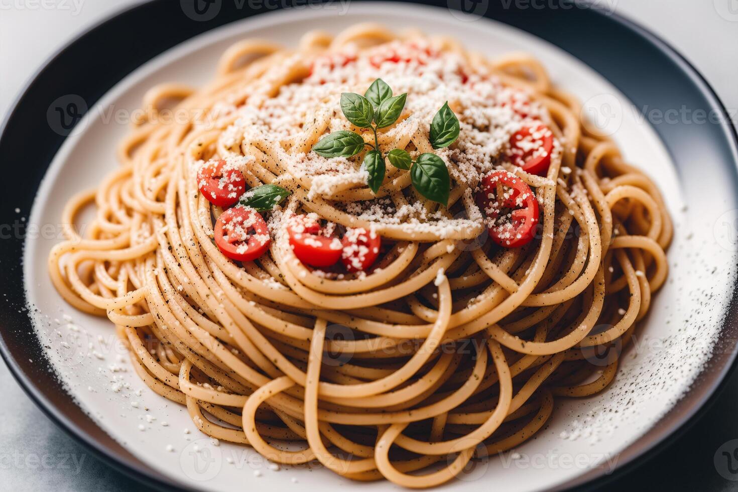Spaghetti pasta with parmesan cheese and parsley on a plate. photo