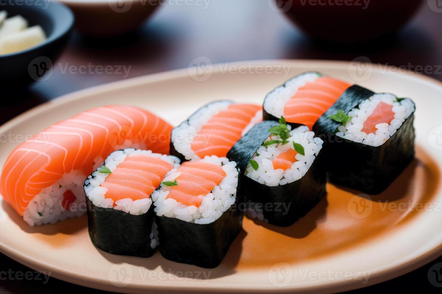japanese cuisine. sushi and rolls on the table in the restaurant. photo