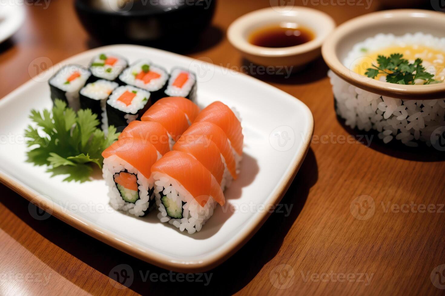 japanese cuisine. sushi and rolls on the table in the restaurant. photo
